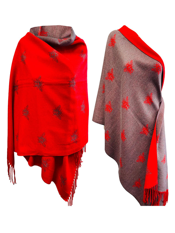 BUMBLE BEES SCARF red grey reversible super soft winter shawl unisex trending scarf Xmas gift for him and her