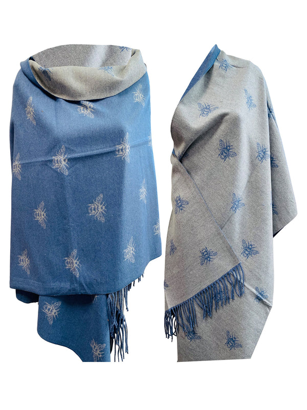 BUMBLE BEES SCARF blue grey reversible super soft winter shawl unisex trending scarf Xmas gift for him and her